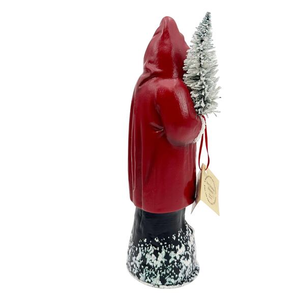 Ino Schaller Bayern paper mache Santa Claus red coat flocked tree 10" tall box - Picture 7 of 11